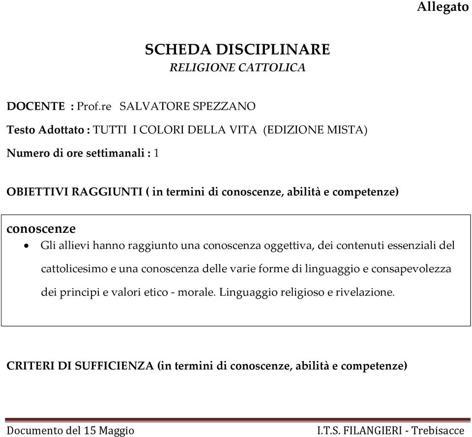 termini di conoscenze, abilità e competenze) conoscenze Gli allievi hanno raggiunto una conoscenza oggettiva, dei contenuti essenziali del