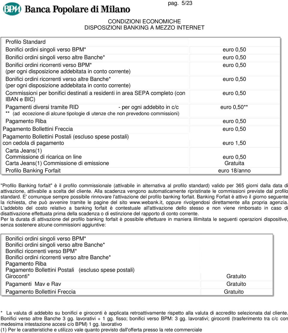 corrente) Commissioni per bonifici destinati a residenti in area SEPA completo (con euro 0,50 IBAN e BIC) Pagamenti diversi tramite RID - per ogni addebito in c/c euro 0,50** ** (ad eccezione di