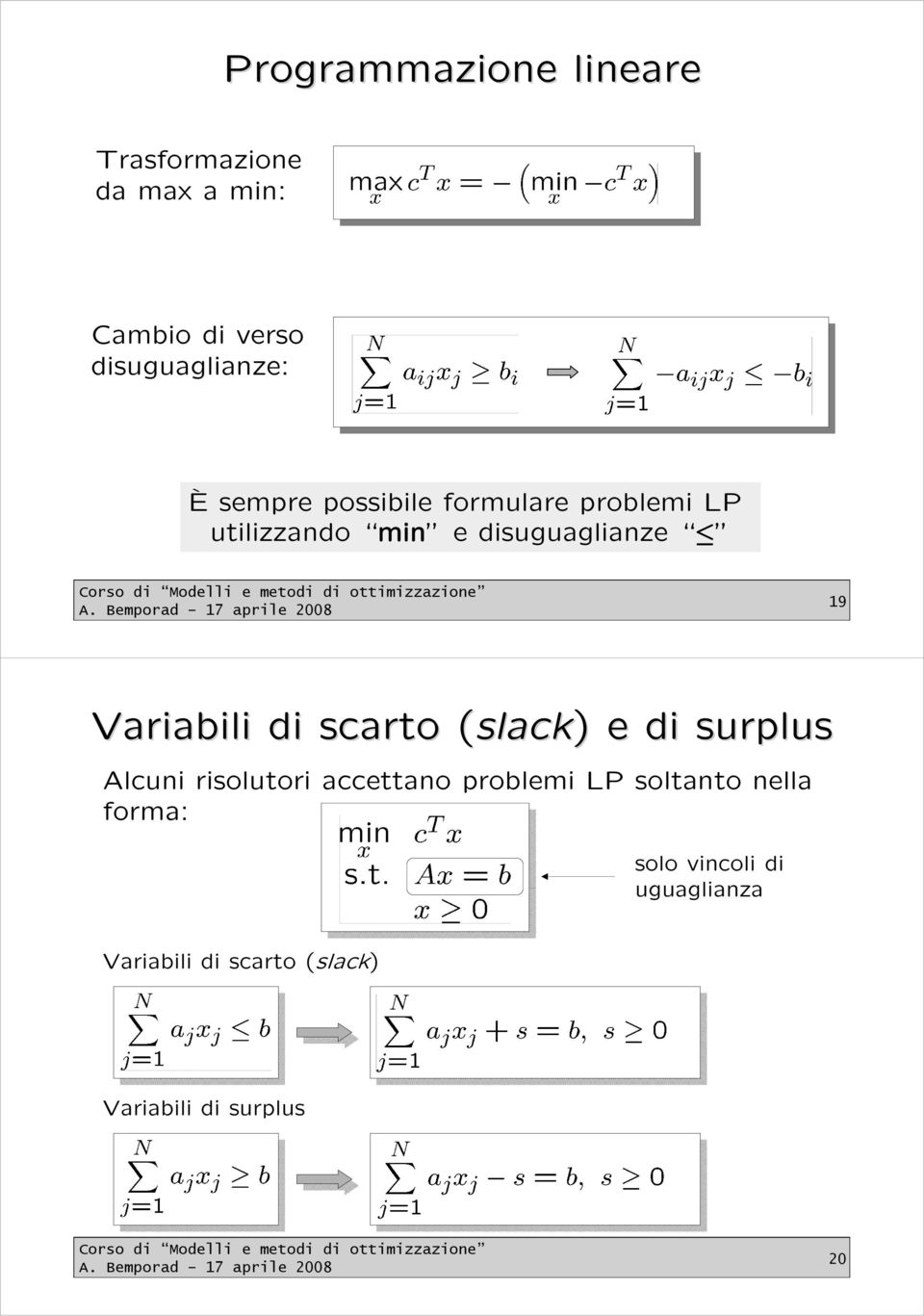 scarto (slack( slack) ) e di surplus Alcuni risolutori accettano problemi LP soltanto