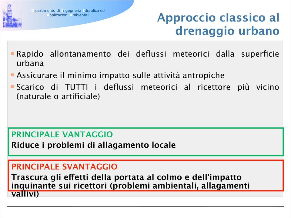 vicino (naturale o artificiale) PRINCIPALE VANTAGGIO Riduce i problemi di allagamento locale PRINCIPALE SVANTAGGIO