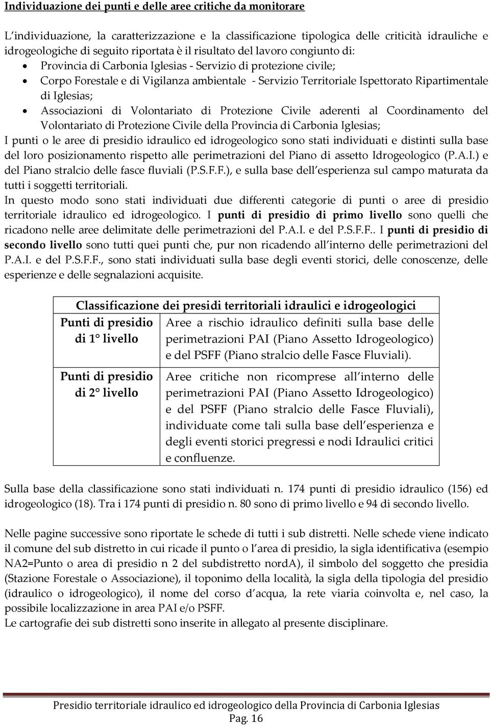 Iglesias; Associazioni di Volontariato di Protezione Civile aderenti al Coordinamento del Volontariato di Protezione Civile della Provincia di Carbonia Iglesias; I punti o le aree di presidio