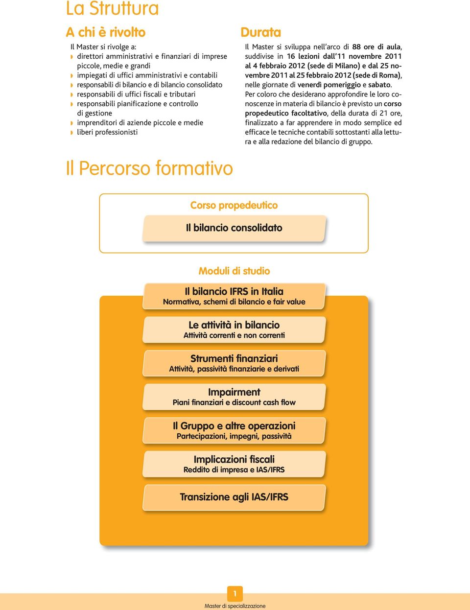 Durata Il Master si sviluppa nell arco di 88 ore di aula, suddivise in 16 lezioni dall 11 novembre 2011 al 4 febbraio 2012 (sede di Milano) e dal 25 novembre 2011 al 25 febbraio 2012 (sede di Roma),