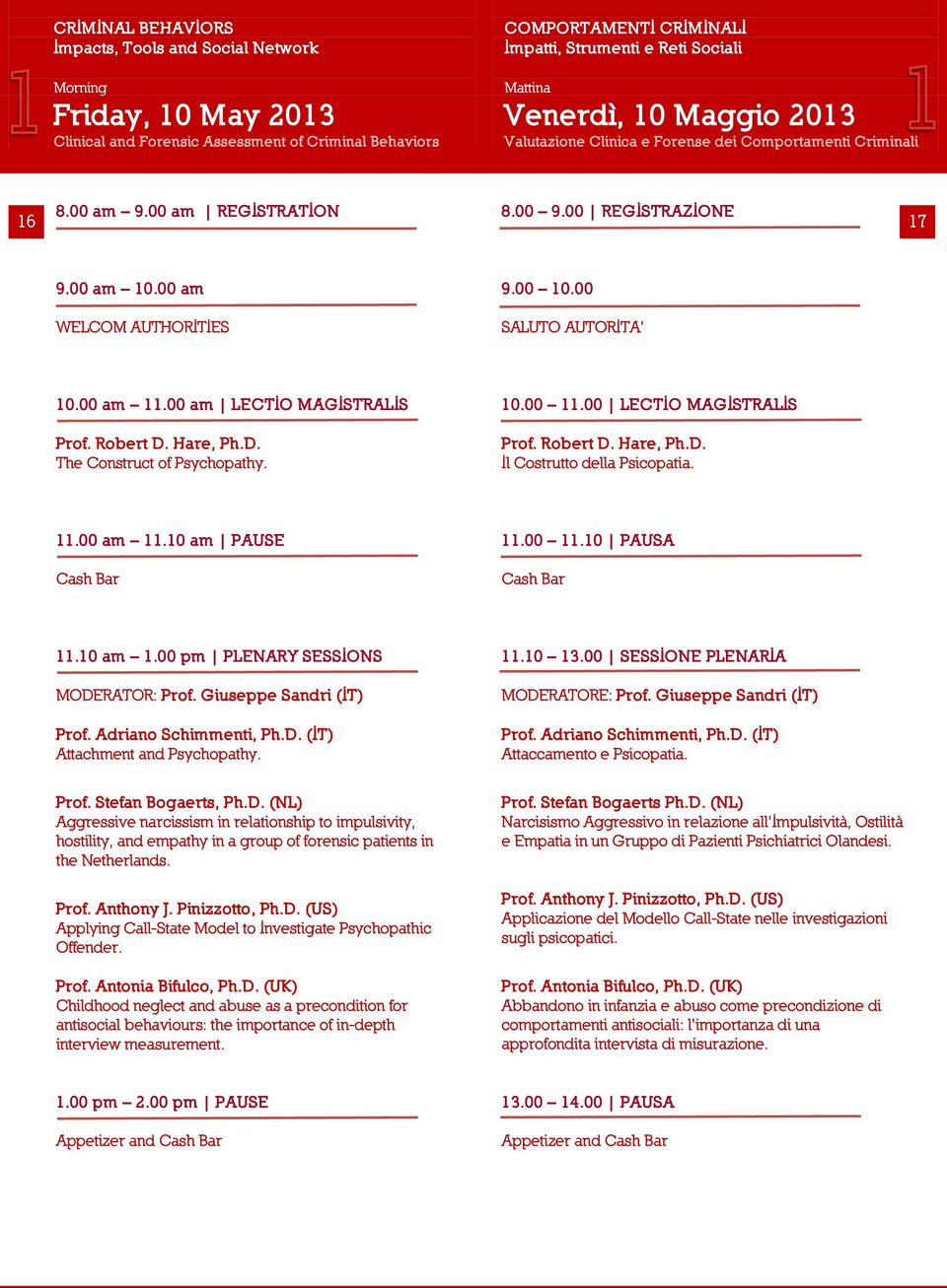 10.00 11.00 LECTIO MAGISTRALIS Prof. Robert D. Hare, Ph.D. Il Costrutto della Psicopatia. 11.00 am 11.10 am PAUSE 11.00 11.10 PAUSA 11.10 am 1.00 pm PLENARY SESSIONS MODERATOR: Prof.