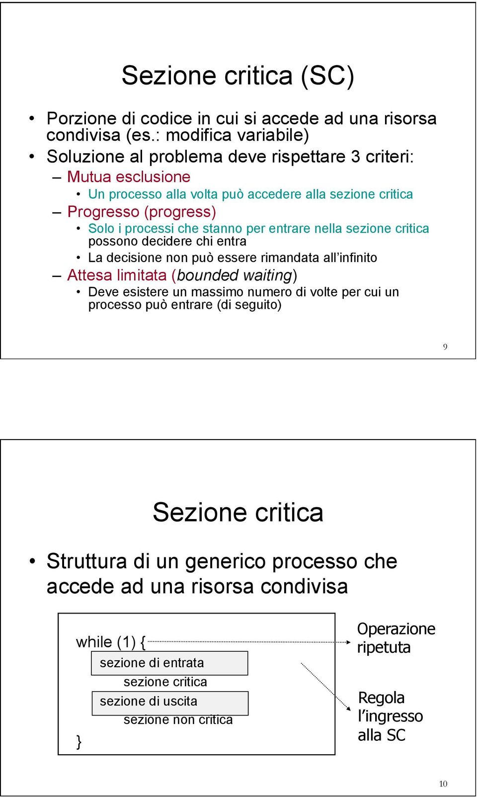 che stanno per entrare nella sezione critica possono decidere chi entra La decisione non può essere rimandata all infinito Attesa limitata (bounded waiting) Deve esistere un massimo