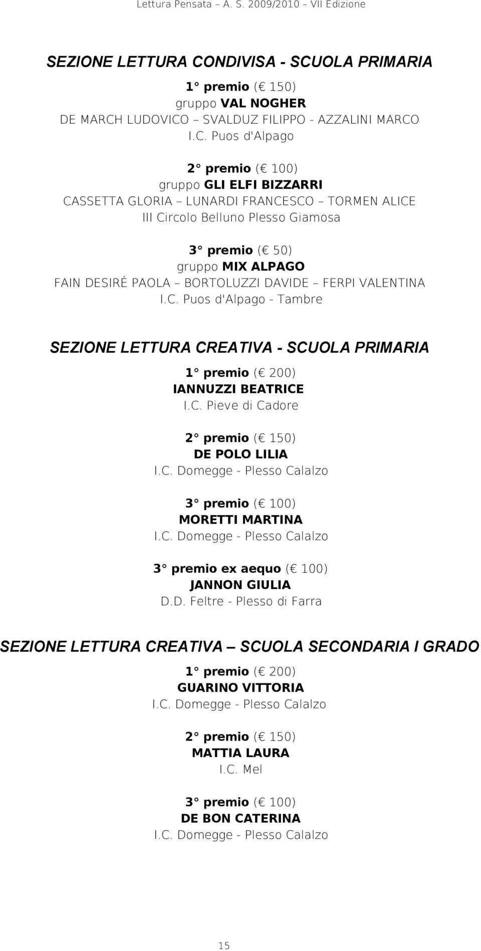 OLA PRIMARIA 1 premio ( 150) gruppo VAL NOGHER DE MARCH