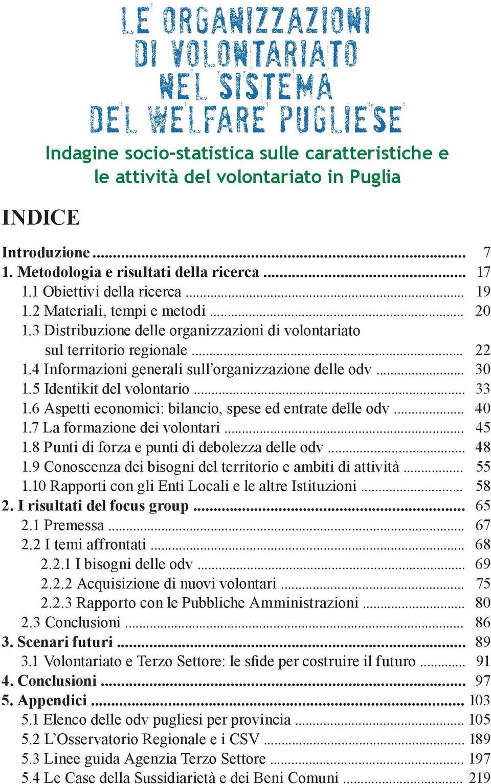 .. 1.5 Identikit del volontario... 1.6 Aspetti economici: bilancio, spese ed entrate delle odv... 1.7 La formazione dei volontari... 1.8 Punti di forza e punti di debolezza delle odv... 1.9 Conoscenza dei bisogni del territorio e ambiti di attività.