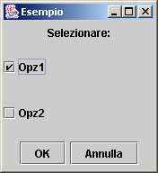 Esempio/1 JFrame BorderLayout FlowLayout nordpnl FlowLayout centropnl GridLayout (2,1) sudpnl FlowLayout GridLayout infolbl opz1chk opz2chk okbtn cancbtn FlowLayout Come