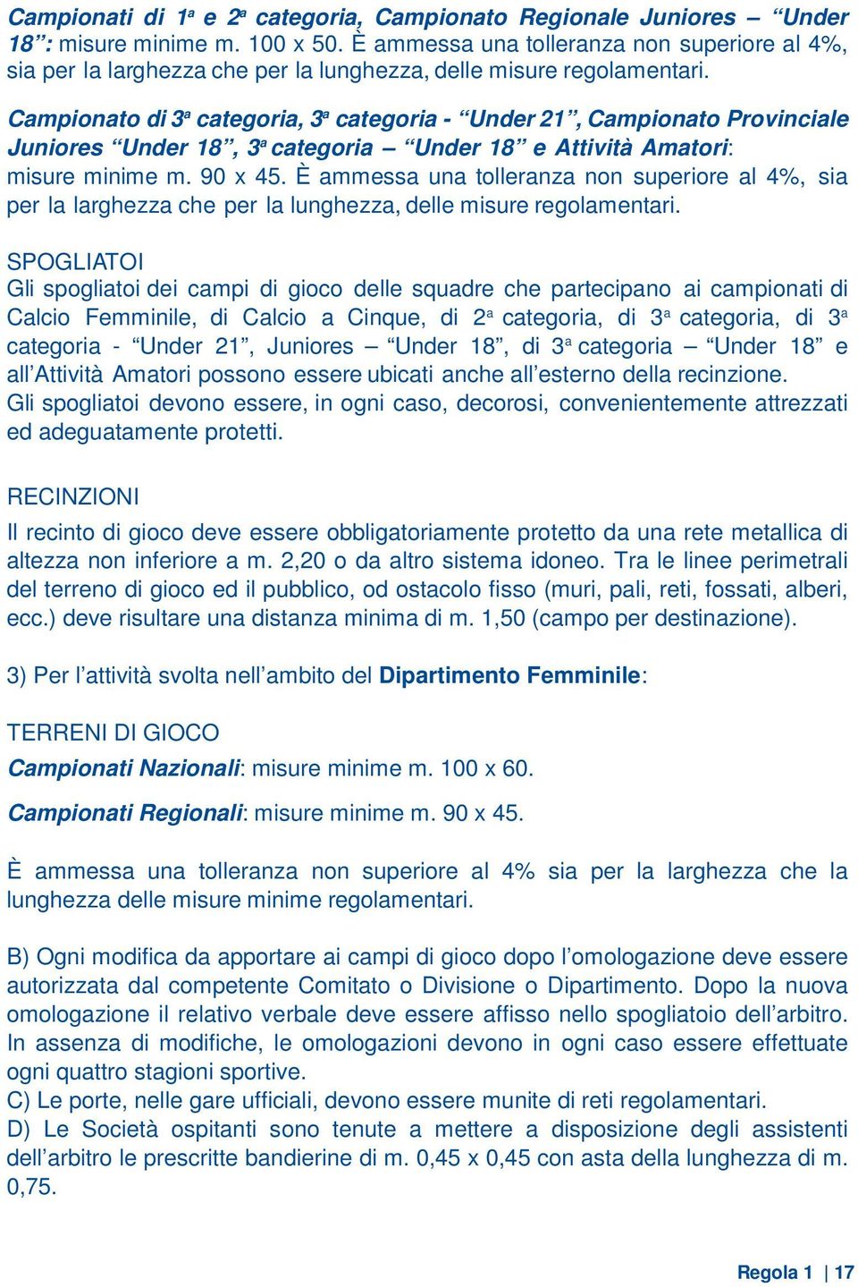 Campionato di 3 a categoria, 3 a categoria - Under 21, Campionato Provinciale Juniores Under 18, 3 a categoria Under 18 e Attività Amatori: misure minime m. 90 x 45.