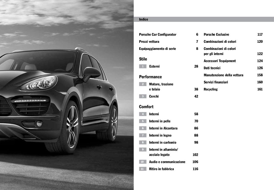 Manutenzione della vettura 158 Servizi finanziari 160 Recycling 161 3 Cerchi 42 Comfort 4 Interni 58 5 Interni in pelle 70 6 Interni in