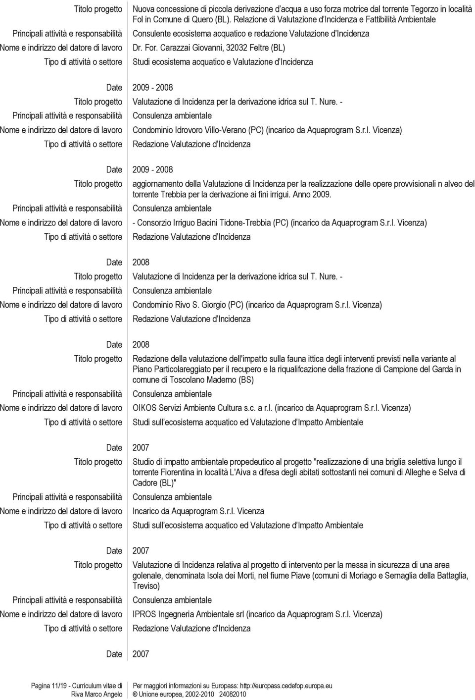 Carazzai Giovanni, 32032 Feltre (BL) Studi ecosistema acquatico e Valutazione d Incidenza - 2008 Valutazione di Incidenza per la derivazione idrica sul T. Nure.