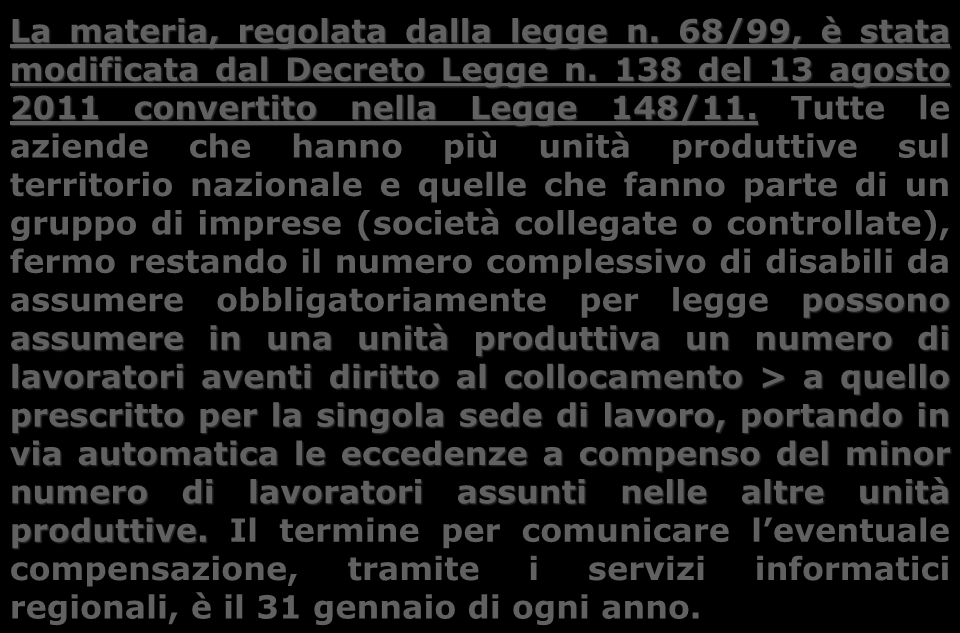 Art. 5, comma 8 (Compensazioni Territoriali) La materia, regolata dalla legge n. 68/99, è stata modificata dal Decreto Legge n. 138 del 13 agosto 2011 convertito nella Legge 148/11.