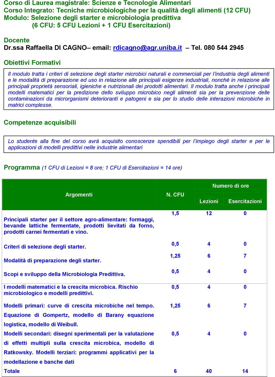 080 544 2945 Obiettivi Formativi Il modulo tratta i criteri di selezione degli starter microbici naturali e commerciali per l industria degli alimenti e le modalità di preparazione ed uso in