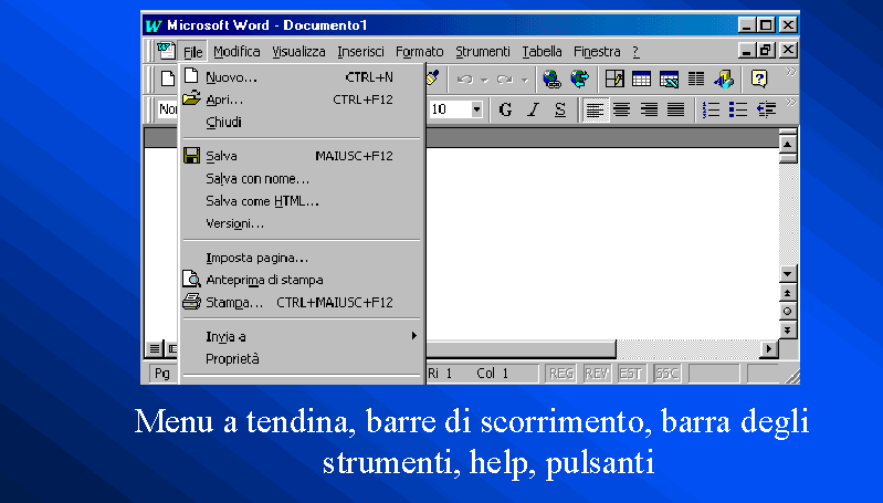 Barra del titolo, barra del menu, menu a tendina, help, barre di scorrimento, barre degli strumenti con i