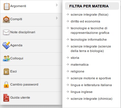 Argomenti Alla sezione 'Argomenti' corrisponde la finestra 'FILTRA PER MATERIA': Scegliendo una qualunque materia sarà possibile visualizzarne gli argomenti inseriti; in alternativa, cliccando sul