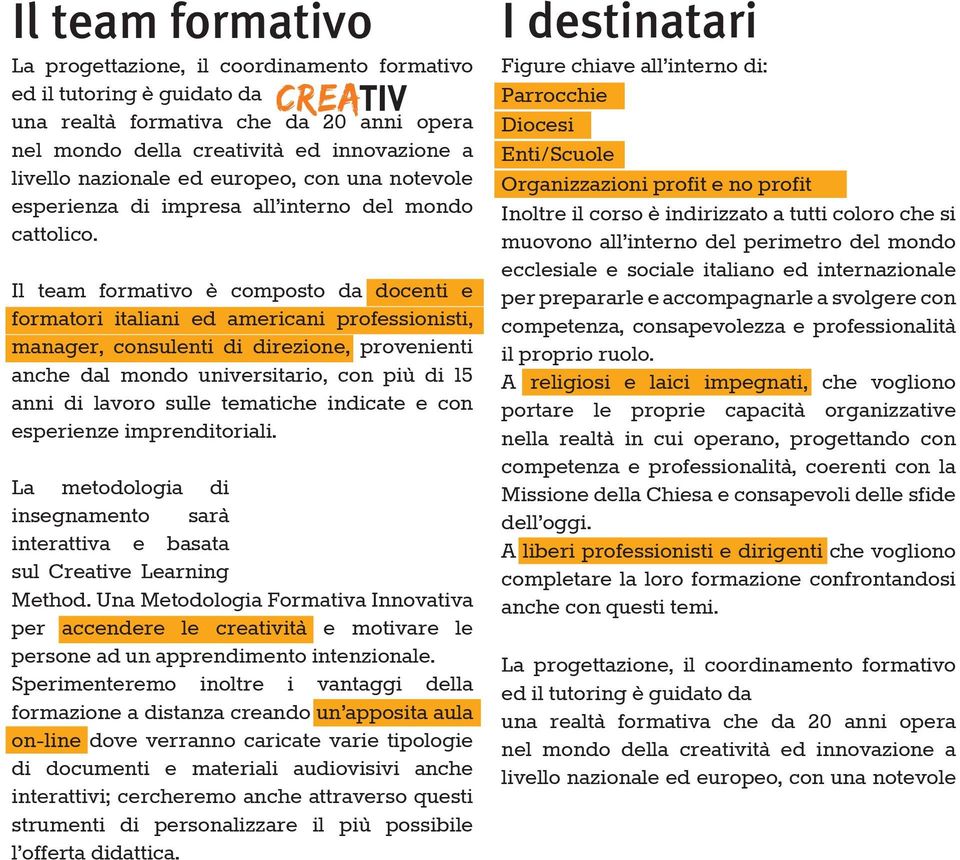 Il team formativo è composto da docenti e formatori italiani ed americani professionisti, manager, consulenti di direzione, provenienti anche dal mondo universitario, con più di 15 anni di lavoro