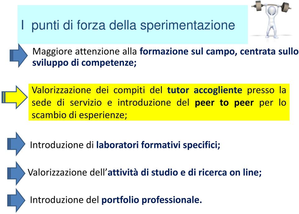 introduzione del peer to peer per lo scambio di esperienze; Introduzione di laboratori formativi