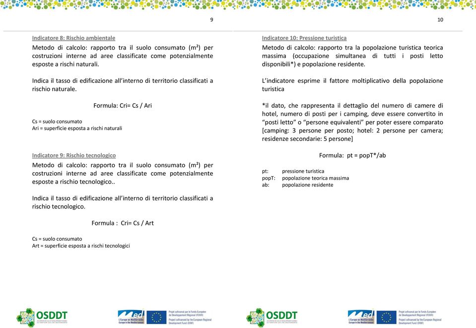 Cri= Cs / Ari Cs = suolo consumato Ari = superficie esposta a rischi naturali Indicatore 10: Pressione turistica Metodo di calcolo: rapporto tra la popolazione turistica teorica massima (occupazione