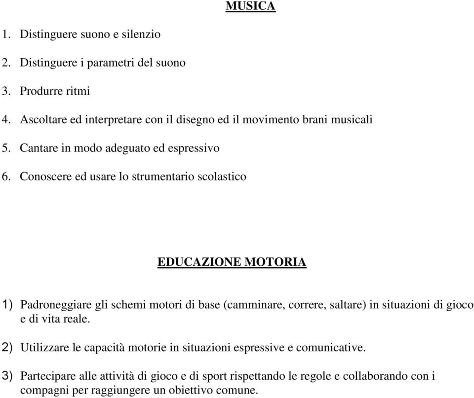 Conoscere ed usare lo strumentario scolastico EDUCAZIONE MOTORIA 1) Padroneggiare gli schemi motori di base (camminare, correre, saltare) in