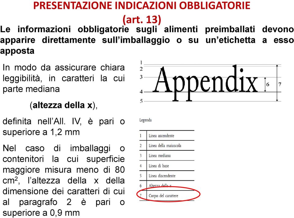 esso apposta In modo da assicurare chiara leggibilità, in caratteri la cui parte mediana (altezza della x), definita nell All.