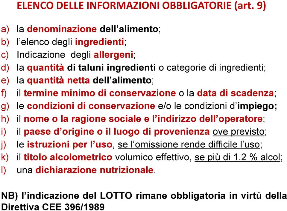 dell alimento; f) il termine minimo di conservazione o la data di scadenza; g) le condizioni di conservazione e/o le condizioni d impiego; h) il nome o la ragione sociale e l indirizzo