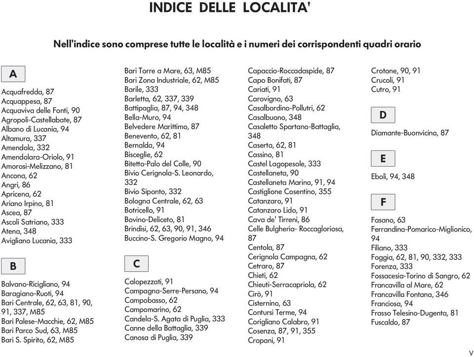 Brgino-Ruoti, 94 Bri entrle, 62, 63, 81, 9, 91, 337, M85 Bri Plese-Mcchie, 62, M85 Bri Prco Sud, 63, M85 Bri S Spirito, 62, M85 Bri Torre Mre, 63, M85 Bri Zon Industrile, 62, M85 Brile, 333 Brlett,