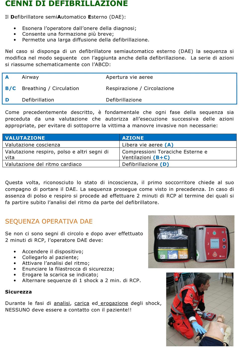 La serie di azioni si riassume schematicamente con l ABCD: A Airway Apertura vie aeree B/C Breathing / Circulation Respirazione / Circolazione D Defibrillation Defibrillazione Come precedentemente