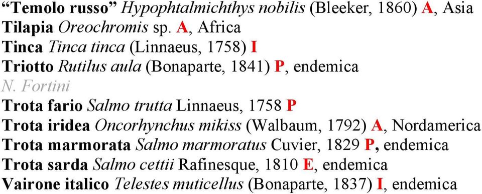 trutta Linnaeus, 1758 P Trota iridea Oncorhynchus mikiss (Walbaum, 1792) A, Nordamerica Trota marmorata Salmo
