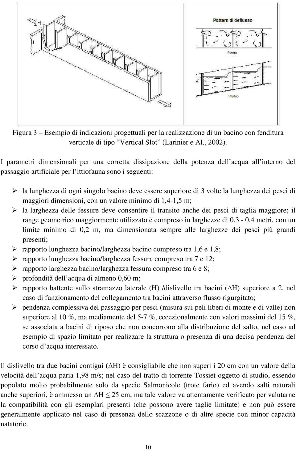 superiore di 3 volte la lunghezza dei pesci di maggiori dimensioni, con un valore minimo di 1,4-1,5 m; la larghezza delle fessure deve consentire il transito anche dei pesci di taglia maggiore; il