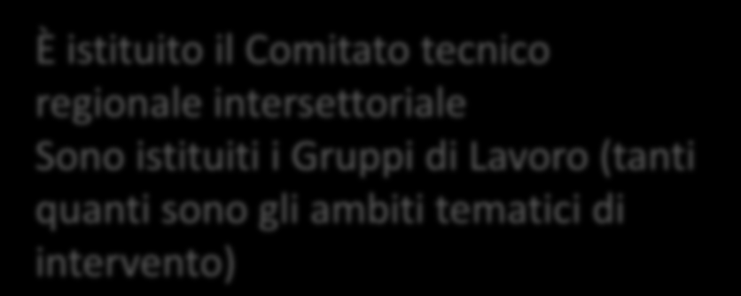 I MECCANISMI DI COORDINAMENTO È istituito il Comitato tecnico regionale intersettoriale Sono istituiti i Gruppi di Lavoro (tanti quanti sono gli ambiti tematici di intervento) Sostegno congiunto di