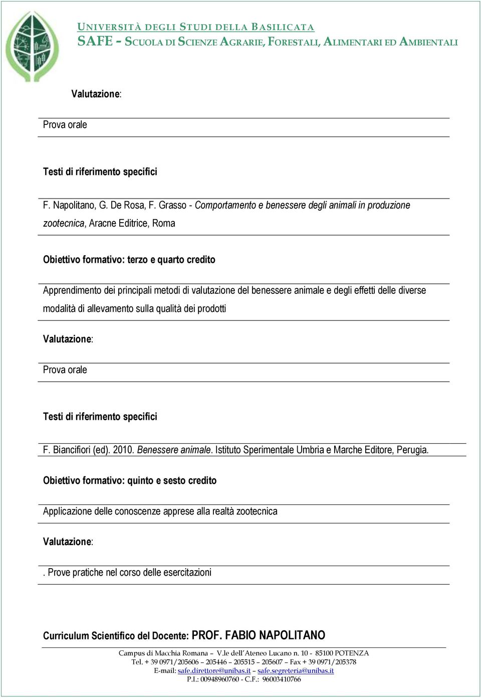 valutazione del benessere animale e degli effetti delle diverse modalità di allevamento sulla qualità dei prodotti Prova orale Testi di riferimento specifici F. Biancifiori (ed).