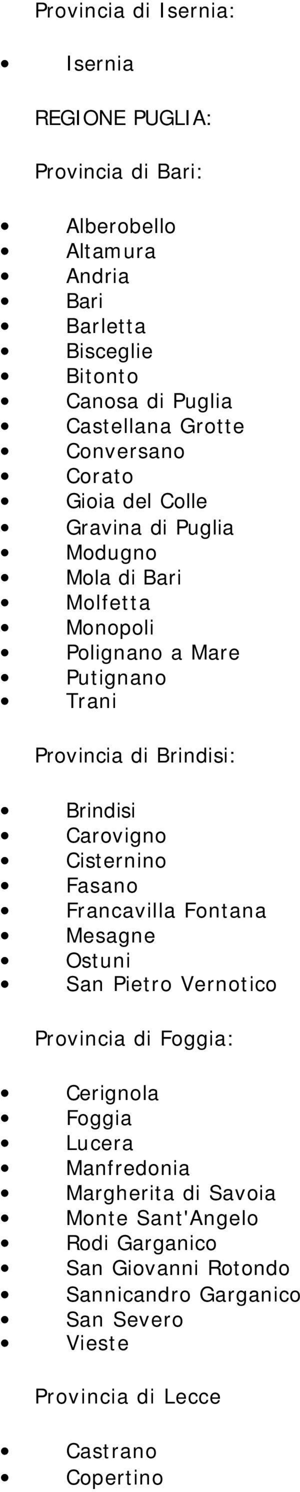 Brindisi: Brindisi Carovigno Cisternino Fasano Francavilla Fontana Mesagne Ostuni San Pietro Vernotico Provincia di Foggia: Cerignola Foggia Lucera