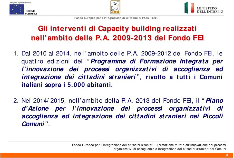 2009-2012 del Fondo FEI, le quattro edizioni del Programma di Formazione Integrata per l innovazione dei processi organizzativi di accoglienza ed