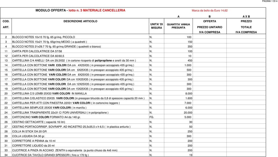 7 70 fg. 65 gr/mq GRANDE ( quadretti o bianco) N. 350 11 CARTA PER CALCOLATRICE DA 57/58 N. 100 12 CARTA PER CALCOLATRICE DA 60/60,5 N.