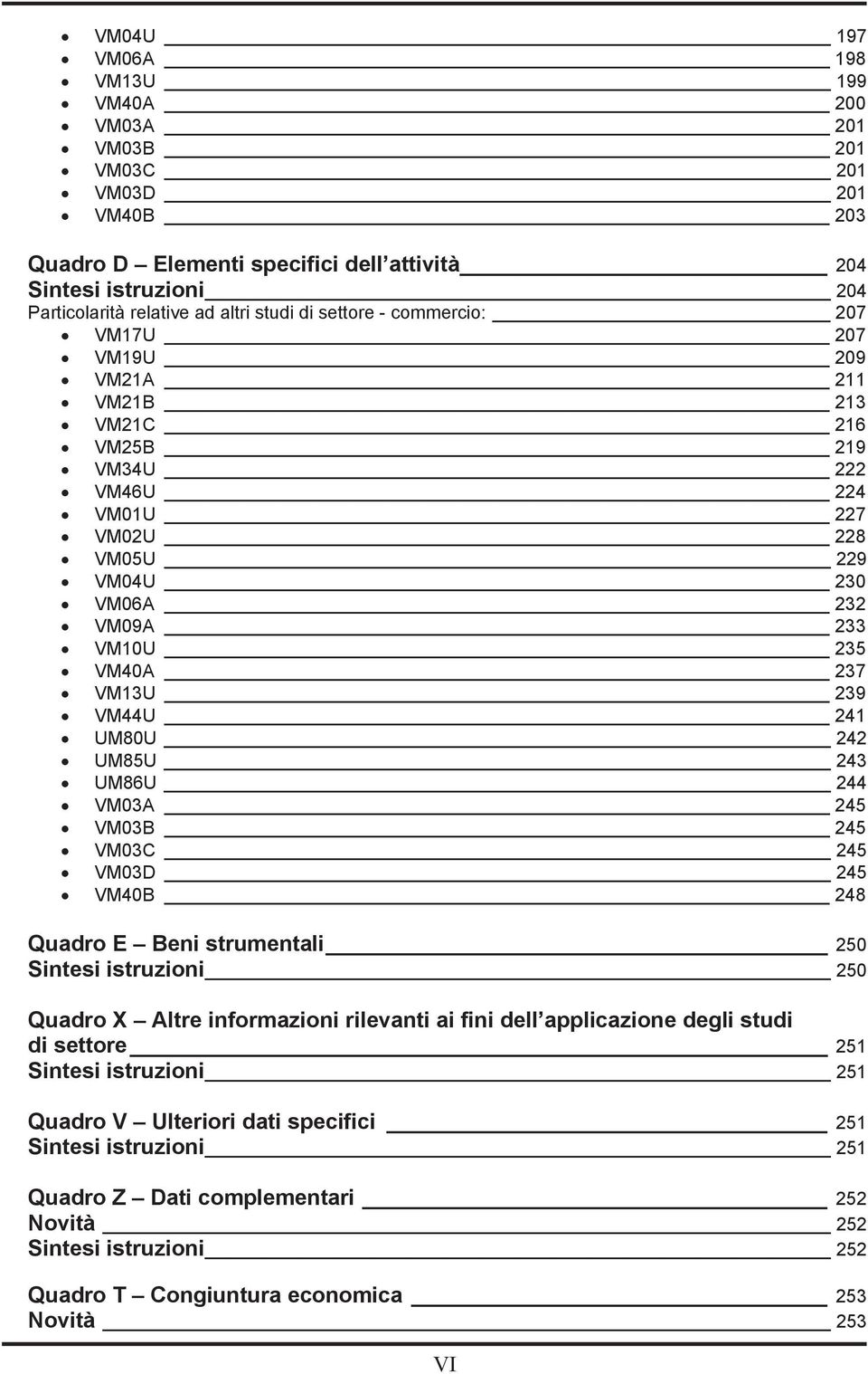 VM44U 241 UM80U 242 UM85U 243 UM86U 244 VM03A 245 VM03B 245 VM03C 245 VM03D 245 VM40B 248 Quadro E Beni strumentali 250 Sintesi istruzioni 250 Quadro X Altre informazioni rilevanti ai fini dell