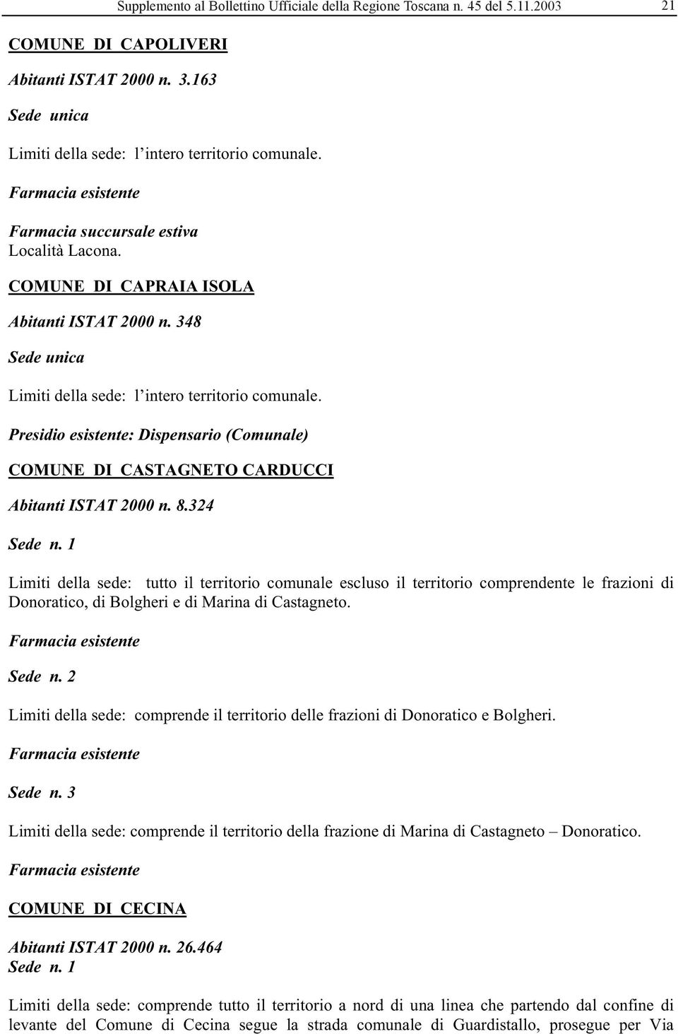 Presidio esistente: Dispensario (Comunale) COMUNE DI CASTAGNETO CARDUCCI Abitanti ISTAT 2000 n. 8.