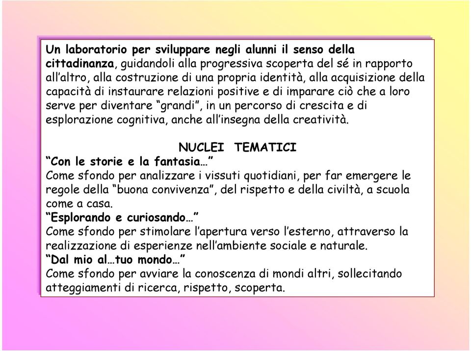 NUCLEI TEMATICI Con le storie e la fantasia Come sfondo per analizzare i vissuti quotidiani, per far emergere le regole della buona convivenza, del rispetto e della civiltà, a scuola come a casa.