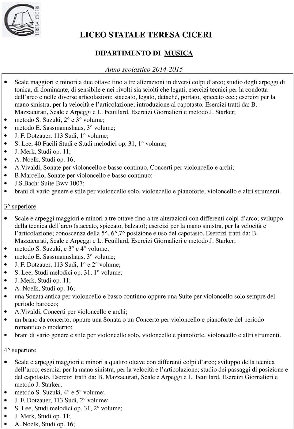 Esercizi tratti da: B. Mazzacurati, Scale e Arpeggi e L. Feuillard, Esercizi Giornalieri e metodo J. Starker; metodo S. Suzuki, 2 e 3 volume; metodo E. Sassmannshaus, 3 volume; J. F. Dotzauer, 113 Sudi, 1 volume; S.