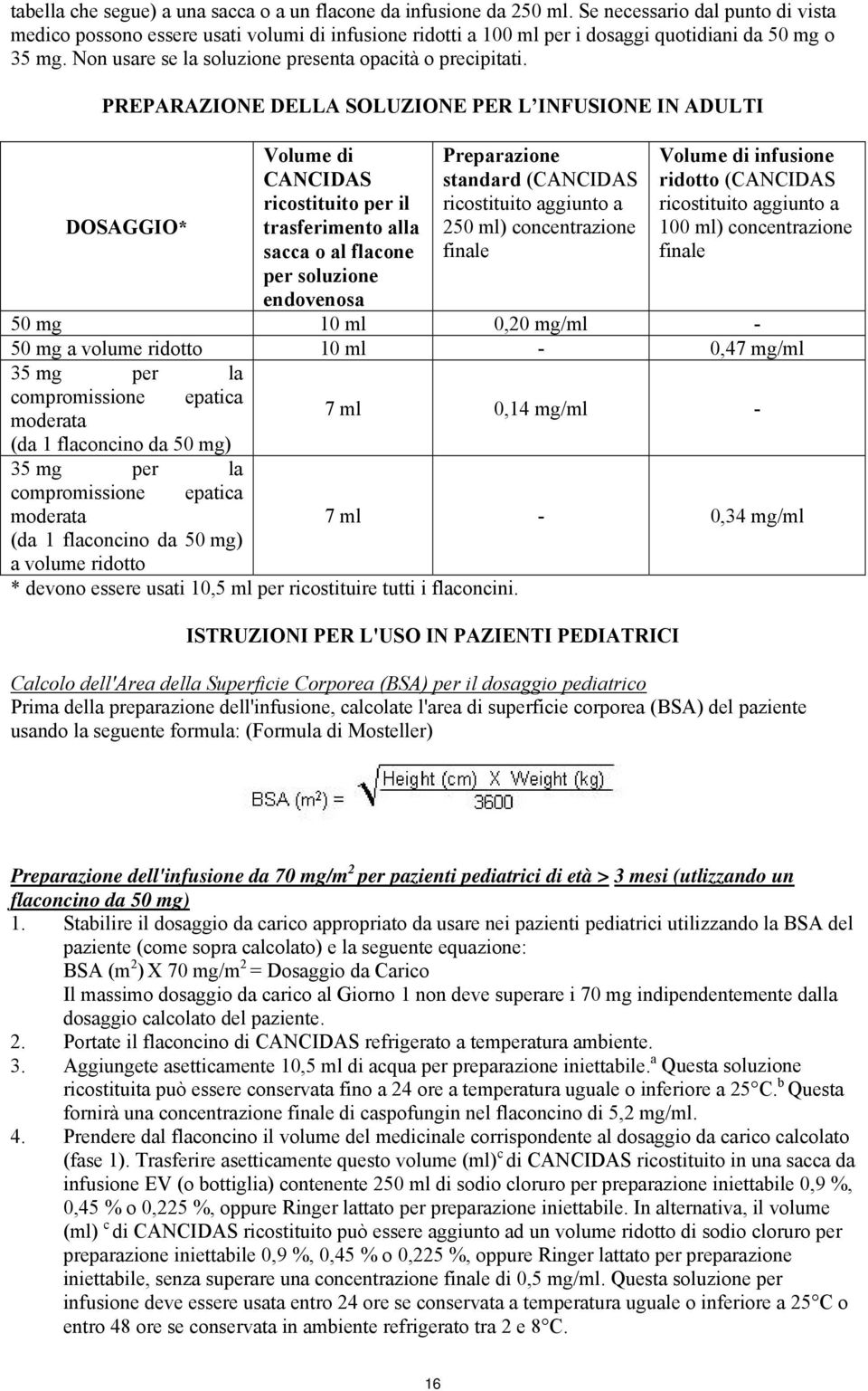 PREPARAZIONE DELLA SOLUZIONE PER L INFUSIONE IN ADULTI DOSAGGIO* Volume di CANCIDAS ricostituito per il trasferimento alla sacca o al flacone per soluzione endovenosa Preparazione standard (CANCIDAS