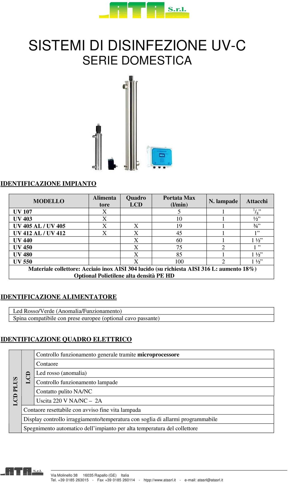 collettore: Acciaio inox AISI 304 lucido (su richiesta AISI 316 L: aumento 18%) Optional Polietilene alta densità PE HD IDENTIFICAZIONE ALIMENTATORE Led Rosso/Verde (Anomalia/Funzionamento) Spina