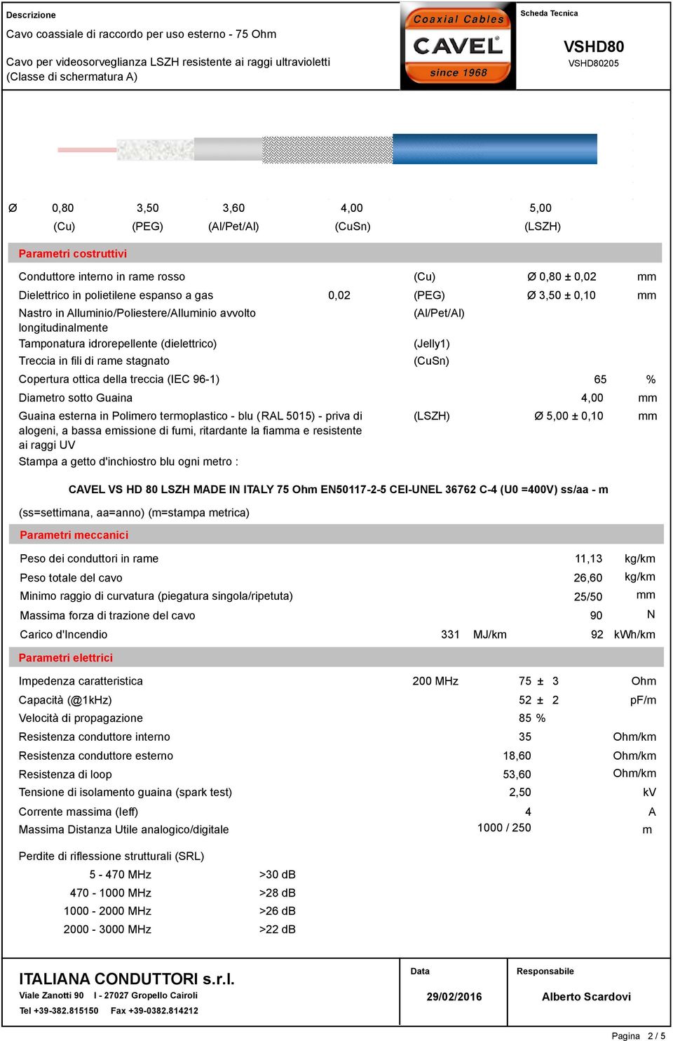 (l/pet/l) (Jelly1) (CuSn) Copertura ottica della treccia (IEC 96-1) 65 % Diametro sotto Guaina 4,00 Guaina esterna in Polimero termoplastico - blu (RL 5015) - priva di alogeni, a bassa emissione di