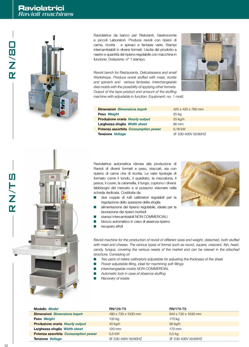 Ravioli bench for Restaurants, Delicatessens and small Workshops. Produce ravioli stuffed with meat, ricotta and spinach and various fantasies.