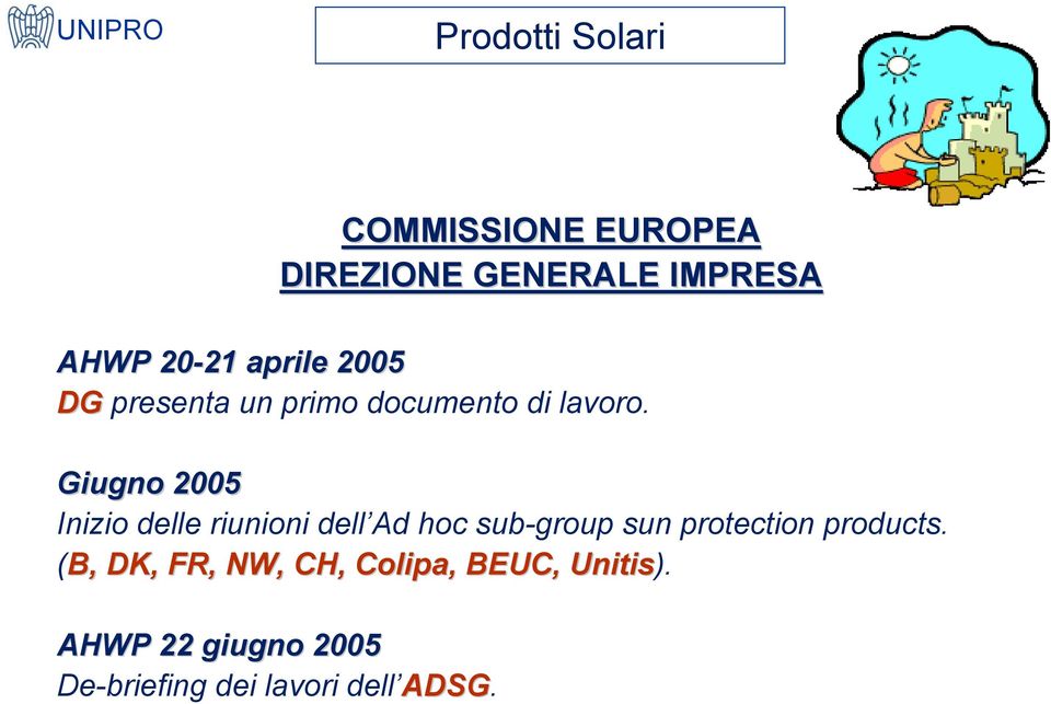 Giugno 2005 Inizio delle riunioni dell Ad hoc sub-group sun protection