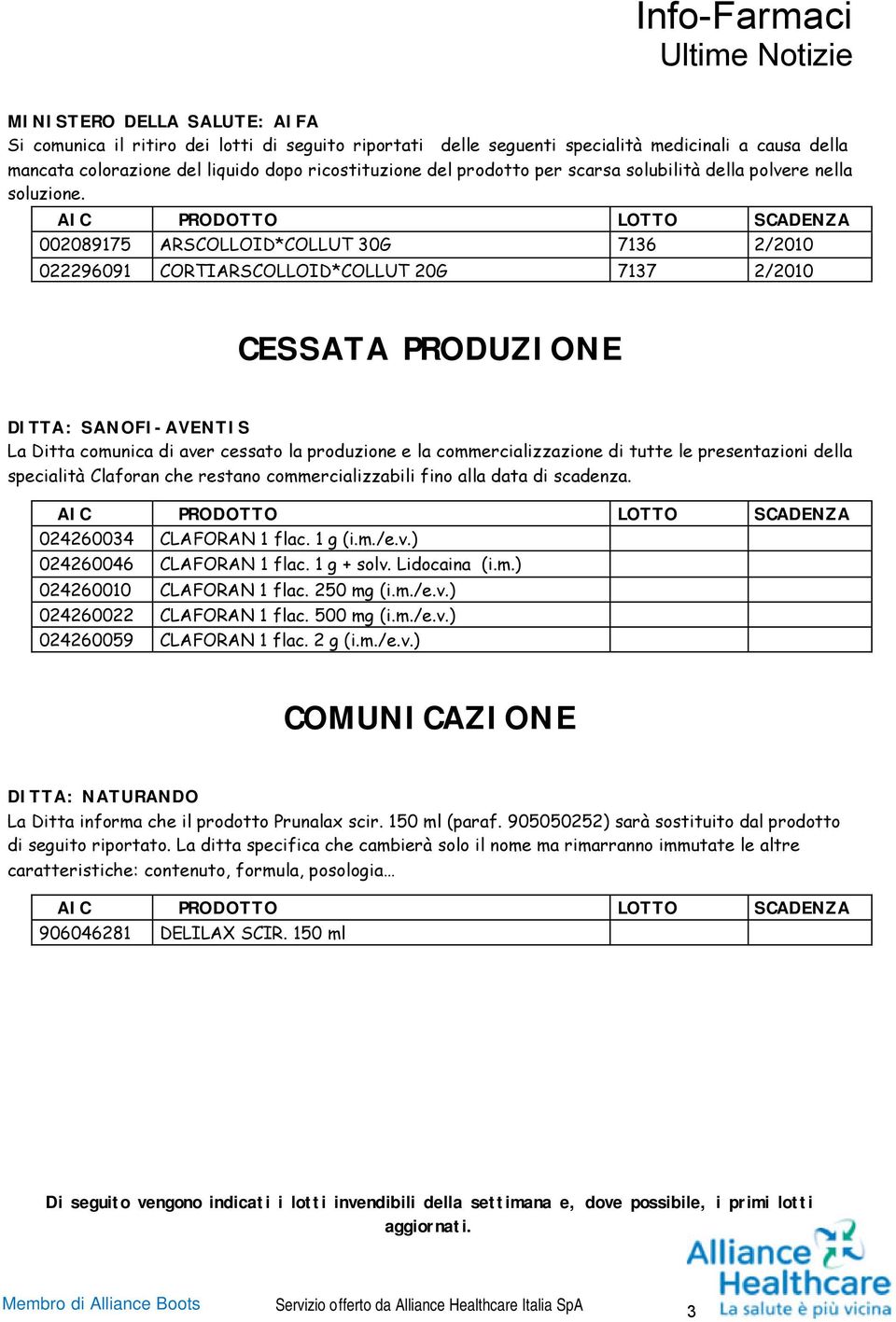 002089175 ARSCOLLOID*COLLUT 30G 7136 2/2010 022296091 CORTIARSCOLLOID*COLLUT 20G 7137 2/2010 CESSATA PRODUZIONE DITTA: SANOFI-AVENTIS La Ditta comunica di aver cessato la produzione e la