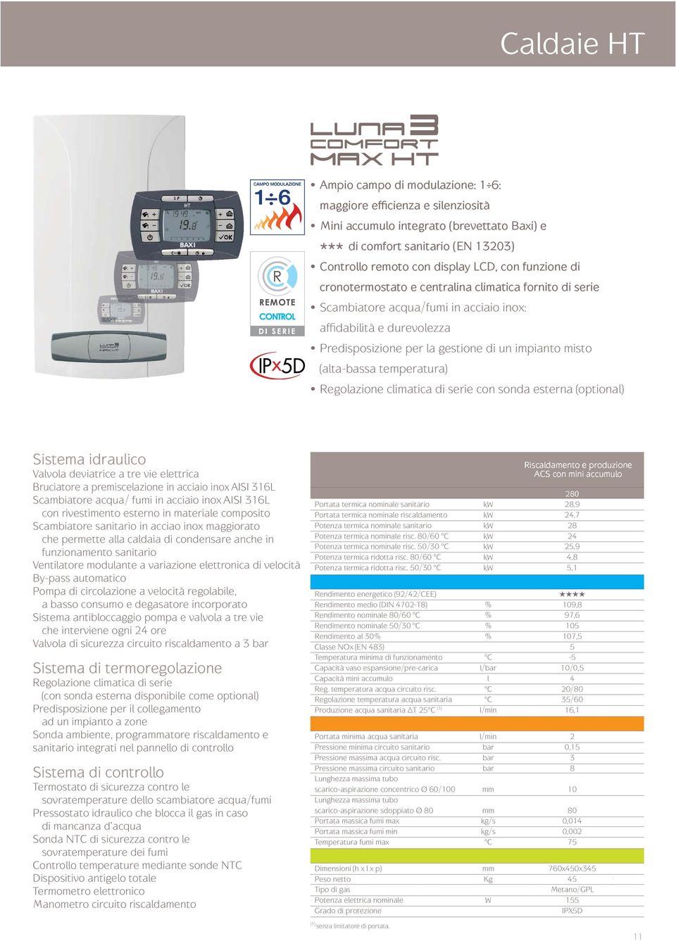 (alta-bassa temperatura) Regolazione climatica di serie con sonda esterna (optional) Scambiatore acqua/ fumi in acciaio inox AISI 316L con rivestimento esterno in materiale composito Scambiatore