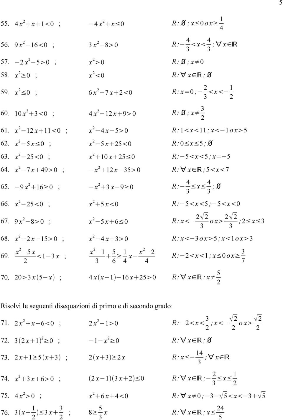 x 5 0 ; x 5 x 0 R: 5 x 5 ; 5 x 0 67. 9 x 8 0 ; x 5 x 6 0 R: x o x ; x 68. x x 15 0 ; x 4 x 0 R: x o x 5 ; x 1o x 69. x 5 x 1 x ; x 1 5 6 1 4 x x 4 R: x 1 ; x 0 o x 7 70.