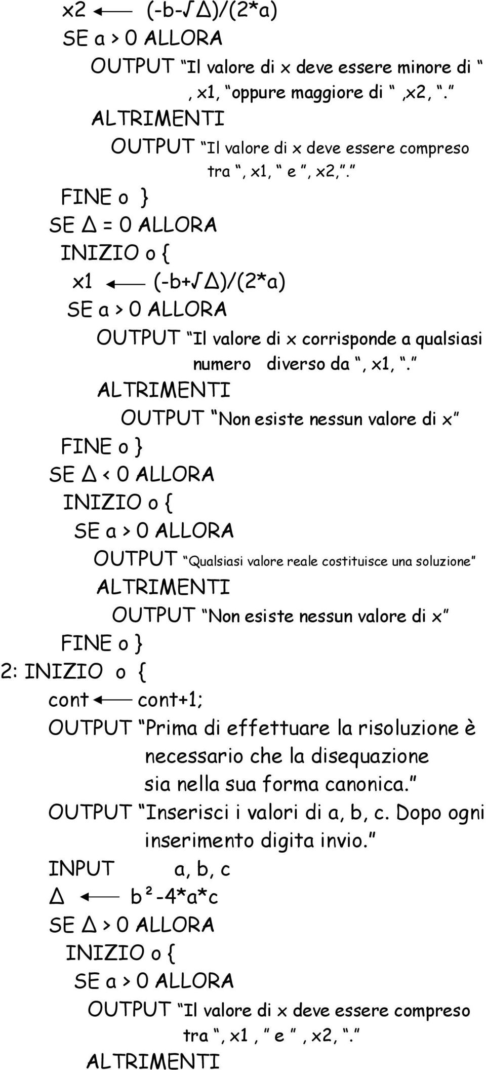 OUTPUT Non esiste nessun valore di x SE < 0 ALLORA INIZIO o { SE a > 0 ALLORA OUTPUT Qualsiasi valore reale costituisce una soluzione OUTPUT Non esiste nessun valore di x 2: INIZIO o { cont cont+1;