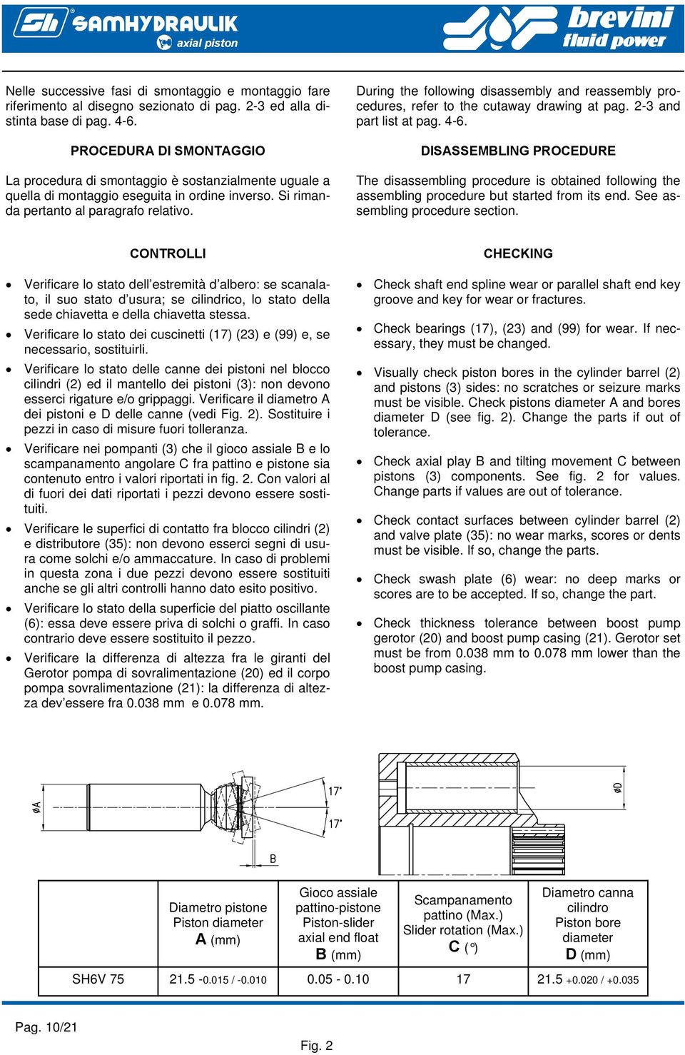 During the following disassembly and reassembly procedures, refer to the cutaway drawing at pag. 2-3 and part list at pag. 4-6.