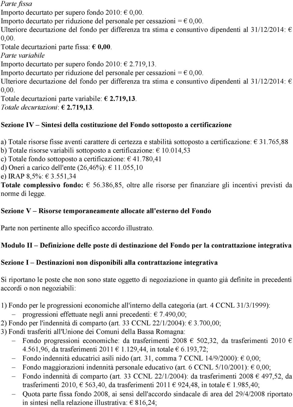 Importo decurtato per riduzione del personale per cessazioni = 0,00. Ulteriore decurtazione del fondo per differenza tra stima e consuntivo al 31/12/2014: 0,00. Totale decurtazioni parte variabile: 2.