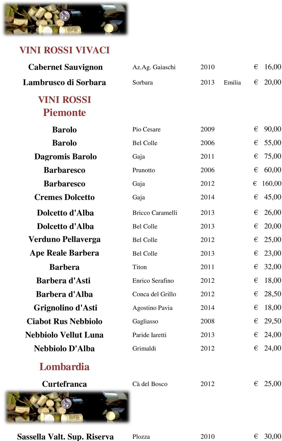 Barbera Barbera Barbera d'asti Barbera d'alba Grignolino d'asti Ciabot Rus Nebbiolo Nebbiolo Vellut Luna Nebbiolo D'Alba Pio Cesare 2009 90,00 Bel Colle 2006 55,00 Gaja 2011 75,00 Prunotto 2006 60,00