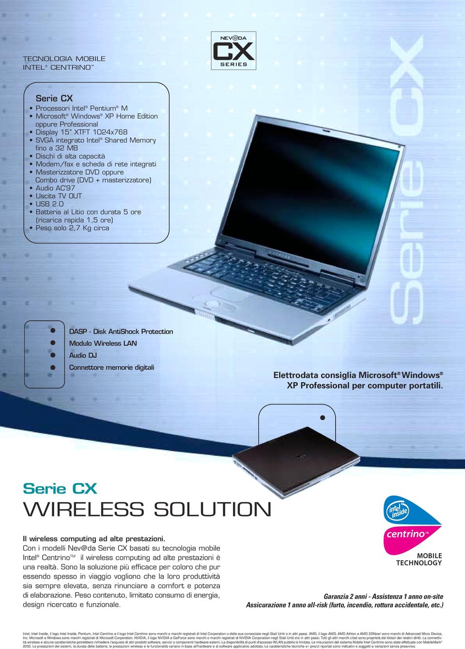 Il wireless computing ad alte prestazioni. Con i modelli Nev@da Serie CX basati su tecnologia mobile Intel Centrino TM il wireless computing ad alte prestazioni è una realtà.